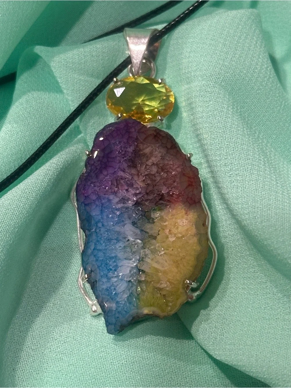 Multicolor Druzy Pendant Necklace with Green Accent Stone